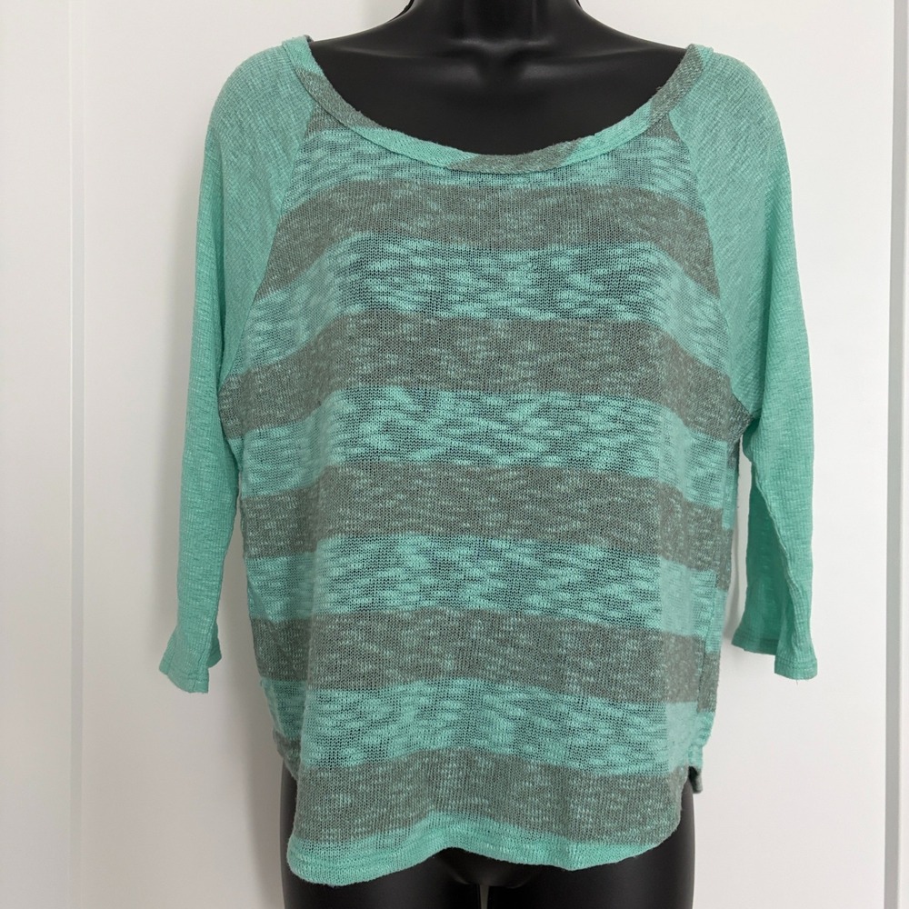 Madrag y2k Striped Lightweight Knit Raglan Top Small Teal Gray